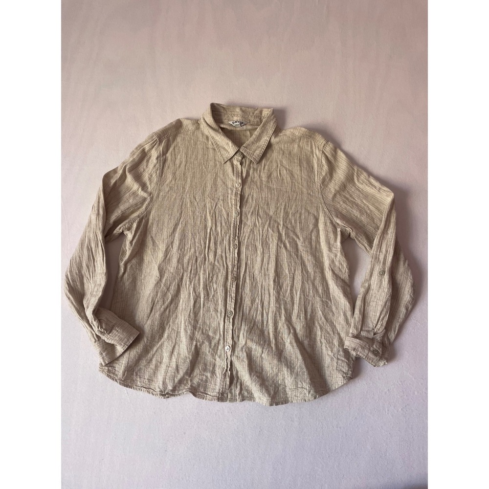 Orvis Womens Linen Blend Button Down‎ Shirt Beige Oatmeal Roll Tab Sleeve XL